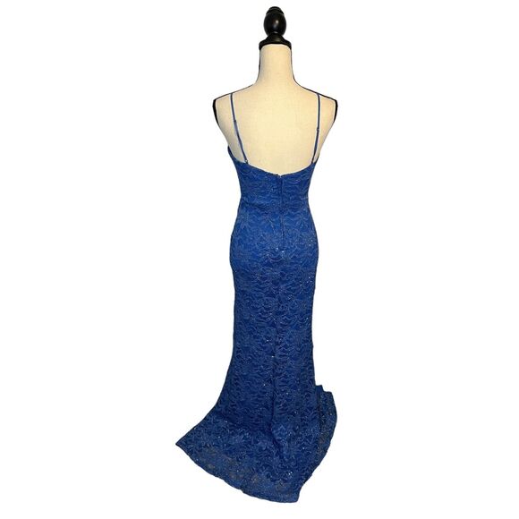 City Vibe Blue Shimmer Glitter Lace High Slit Evening Gown Size 3 Rhinestones - Picture 4 of 8